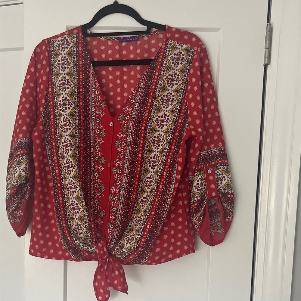 West Kei Red Blouse with Gold and Black Patterns